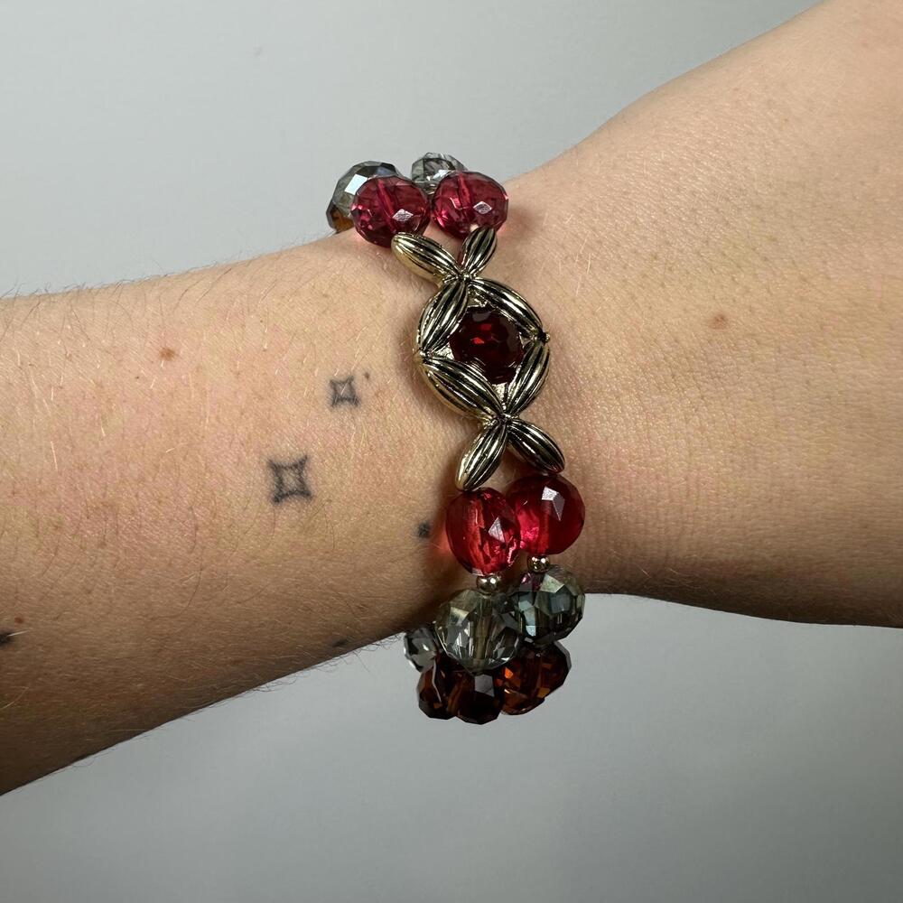 Red,‎ Blue/Grey and Brown Beaded Stretchy Bracelet Gold Accents